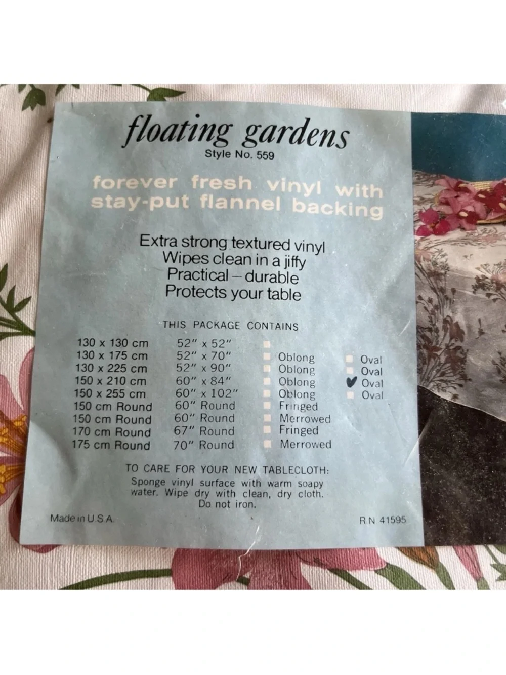 Floating Gardens Vinyl Flannel Tablecloth Vintage 60” x 84” Lily Floral New Open